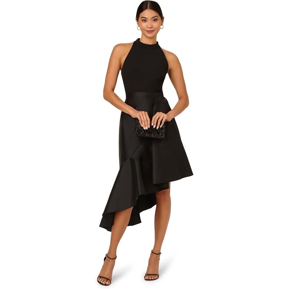 Adrianna Papell Women Dress 2 Black Crepe Taffeta Asymmetrical Ruffle